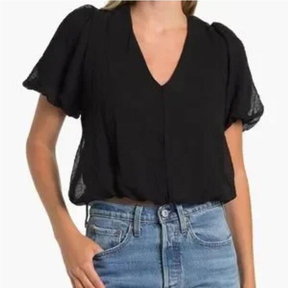 NWT ASTR Black Bubble Sleeve Gauze Tie back S - Picture 1 of 7